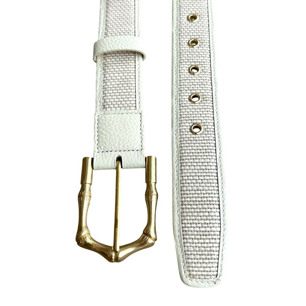 J.McLaughlin Jayla Grasscloth White Leather Raffia Belt Gold Bamboo Buckle M - Picture 6 of 15